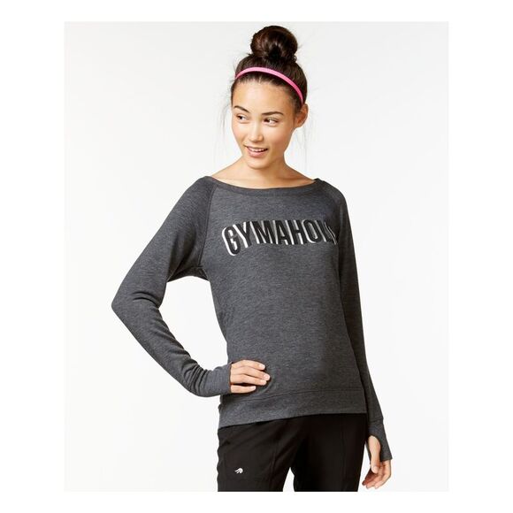 IDEOLOGY Tops - IDEOLOGY Womens Gray Thumb Holes Gymaholic Long Sleeve Jewel Neck Top S